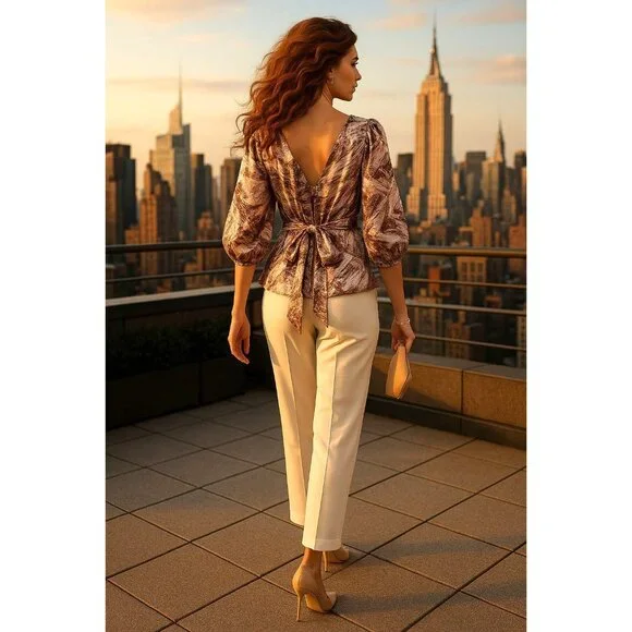 BCBG MaxAzria S Pink Brown Silk Blouse Abstract Print Draped V Neck Designer Top - Picture 4 of 12